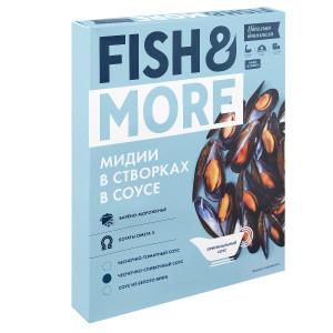 Мидии целые в створках варено-мороженые в чесночно-сливочном соусе  500 гр